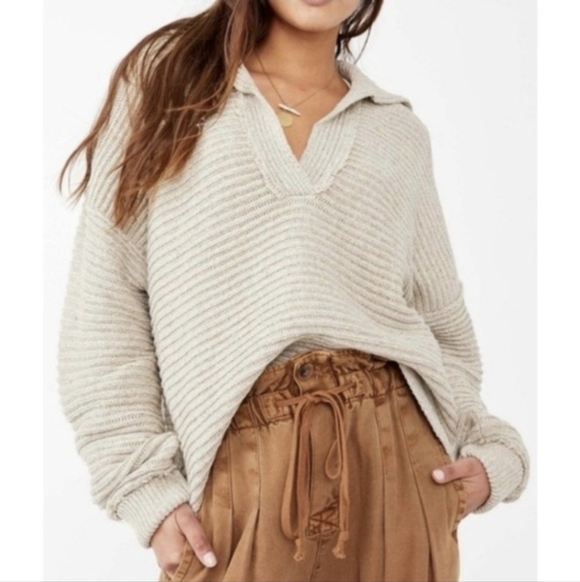 Free People Marlie deep v ribbed sweater in cream - Picture 2 of 9